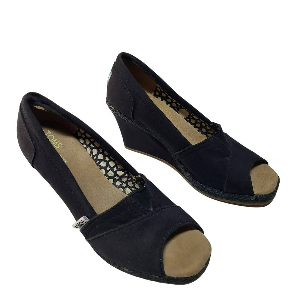 Toms Wedge Slip On Shoes Peep Toe Black Women's 7